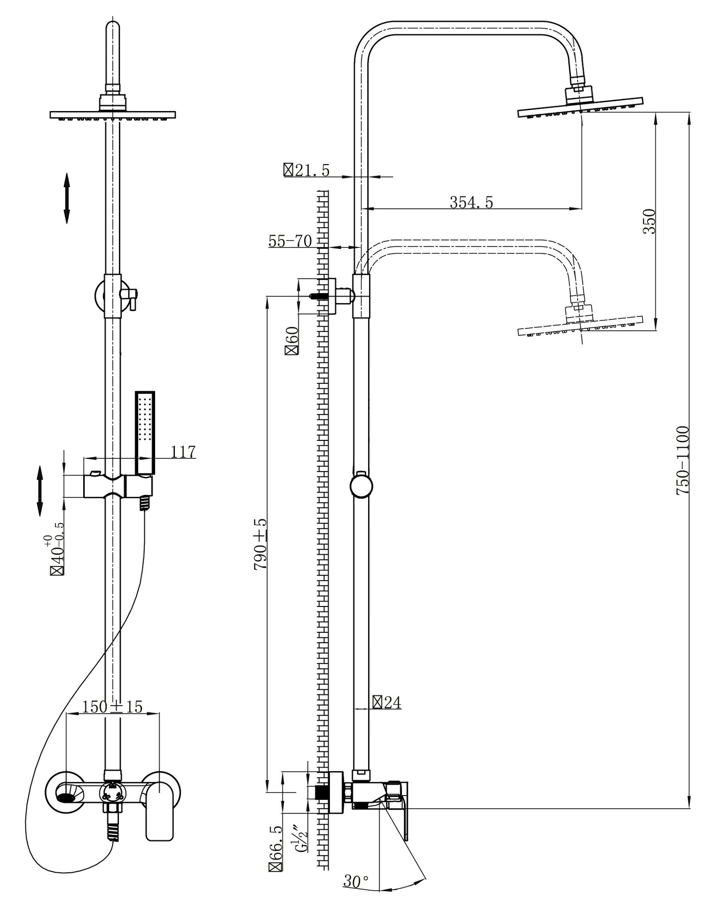 Colonna Doccia Duemmeggi Venere in Ottone, Regolabile In Altezza Con Miscelatore Meccanico Esterno A Tre Uscite Con Soffione Inox Slim 316 Quadro Misura 200x200 mm Con Doccetta Quadra In ABS Installazione Frontale Parete Finitura Cromata