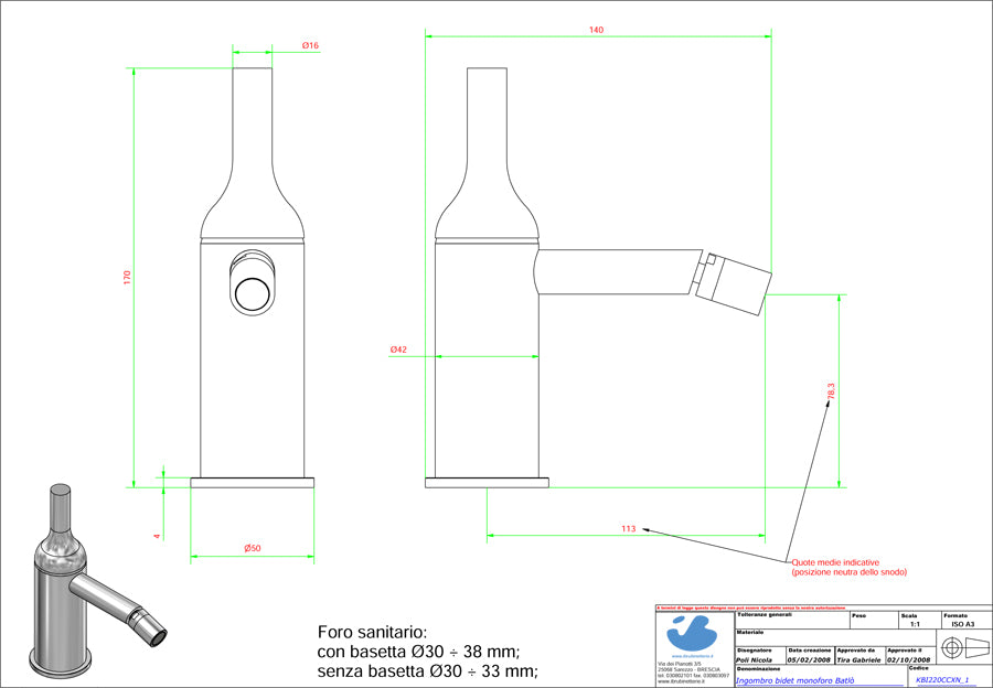 Miscelatore bidet completo di piletta di scarico Click-Clack marca IB rubinetti modello Batlò rubinetteria ottone cromato bagno appoggio