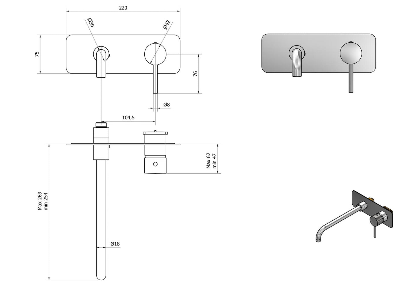 Miscelatore Lavabo Incasso Parete Bocca Lunga IB Rubinetti Industria Completo Di Piletta Di Scarico Click-Clack Materiale Ottone Finitura Cromata