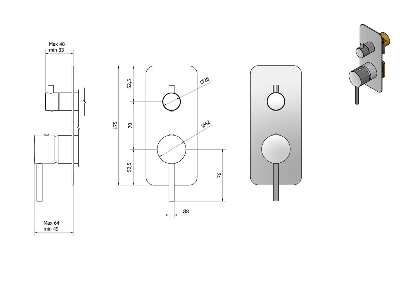Miscelatore Doccia Incasso A Tre Vie Completo IB Rubinetti Industria Materiale Ottone Finitura Cromata