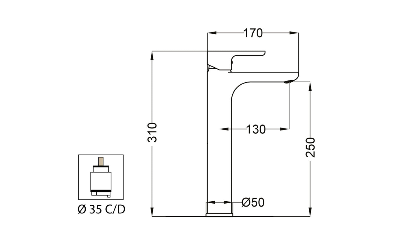Miscelatore Lavabo Alto Senza Scarico Duemmeggi Sky Ottone Finitura Cromata Lunghezza 170 mm Altezza 310 mm Made in Italy Garanzia 5 Anni