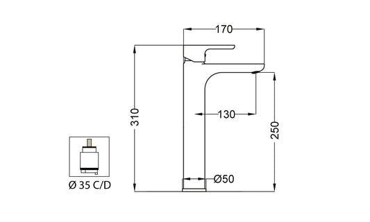 Miscelatore Lavabo Alto Senza Scarico Duemmeggi Sky Ottone Finitura Cromata Lunghezza 170 mm Altezza 310 mm Made in Italy Garanzia 5 Anni