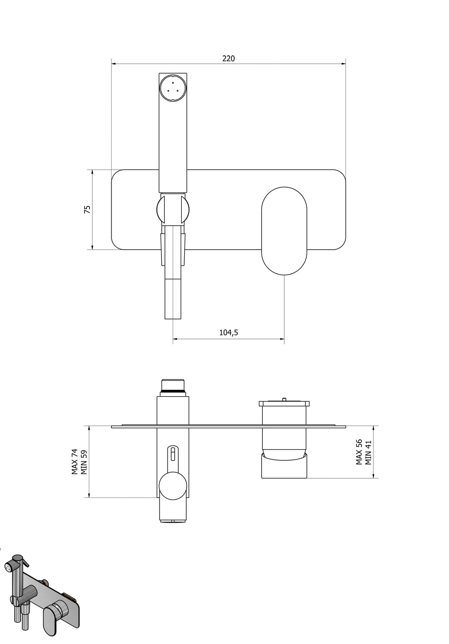 IB Rubinetti K2 Set Di Parti Esterne Incasso A Muro Con Piastra Per Idroscopino Igienico Con Miscelatore Per WC Materiale Ottone Finitura Cromata