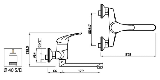Miscelatore Lavello Cucina Lavatoio Installazione A Parete Muro Duemmeggi Premiere 2 Fori 1 Leva Manopola Monocomando Stile Classico Materiale Ottone Finitura Cromata Made in Italy Garanzia 5 Anni