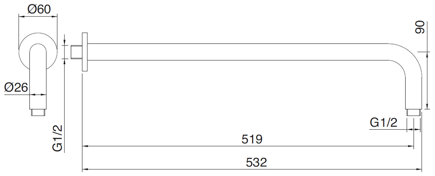 Rubinetterie Treemme SHOWERS & THERMOSTATICS Braccio Doccia A Parete 519 mm Per Soffione Materiale Ottone Finitura Cromata