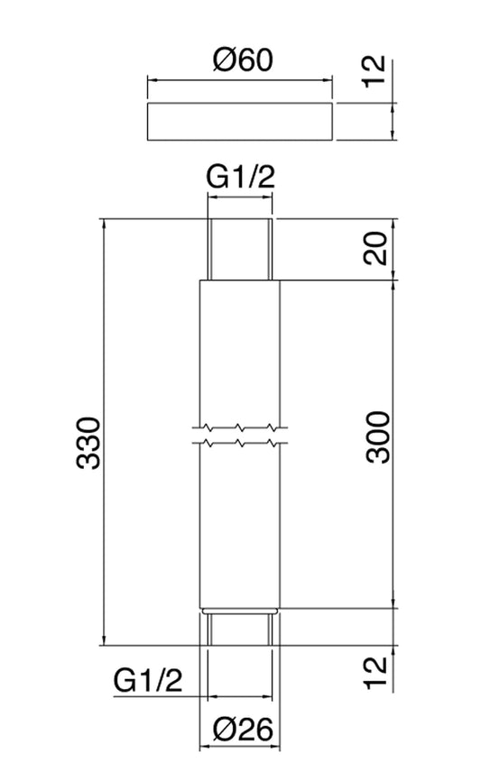 Rubinetterie Treemme SHOWERS Braccio Tondo Per Soffione Doccia Presa Tonda Da Soffitto 300 mm Materiale Acciaio Finitura Acciaio Spazzolato Opaco Inox