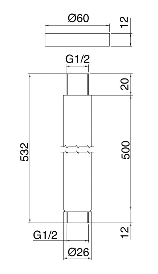 Rubinetterie Treemme SHOWERS Braccio Tondo Per Soffione Doccia Presa Tonda Da Soffitto 500 mm Materiale Acciaio Finitura Acciaio Spazzolato Opaco Inox