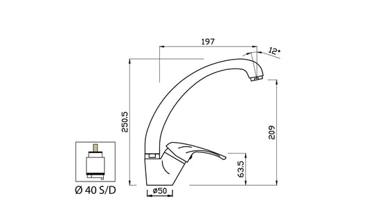 Miscelatore Lavello Cucina Lavatoio Canna Snodata Alta Duemmeggi Sigma Appoggio Monoforo 1 Foro 1 Leva Manopola Monocomando Stile Classico Materiale Ottone Finitura Cromata Made in Italy Garanzia 5 Anni