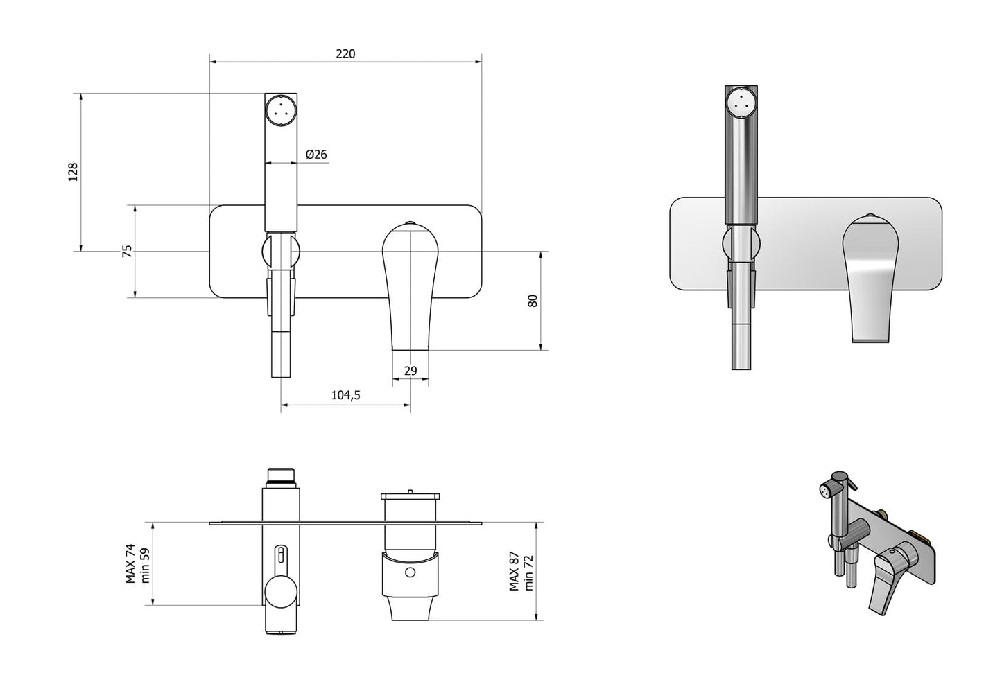 IB Rubinetti TWITTER Set Di Parti Esterne e Corpo ad Incasso A Muro Con Piastra Per Idroscopino Igienico Con Miscelatore Per WC Materiale Ottone Finitura Cromata