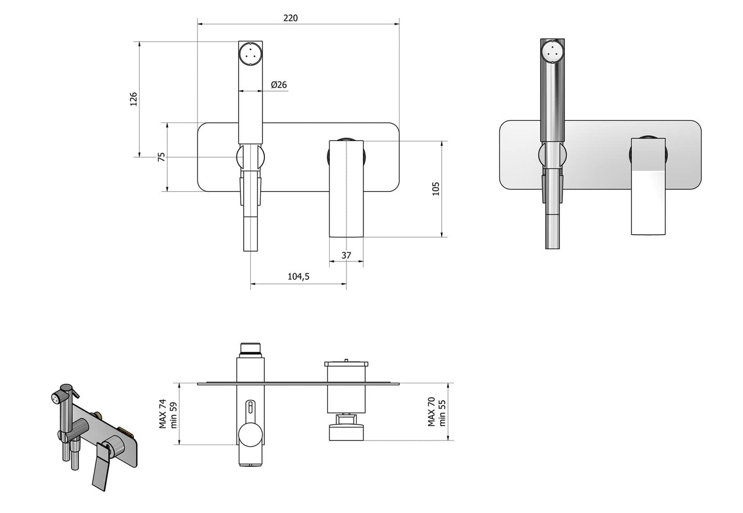 IB Rubinetti WAVE Set Di Parti Esterne e Corpo ad Incasso A Muro Con Piastra Per Idroscopino Igienico Con Miscelatore Per WC Materiale Ottone Finitura Cromata