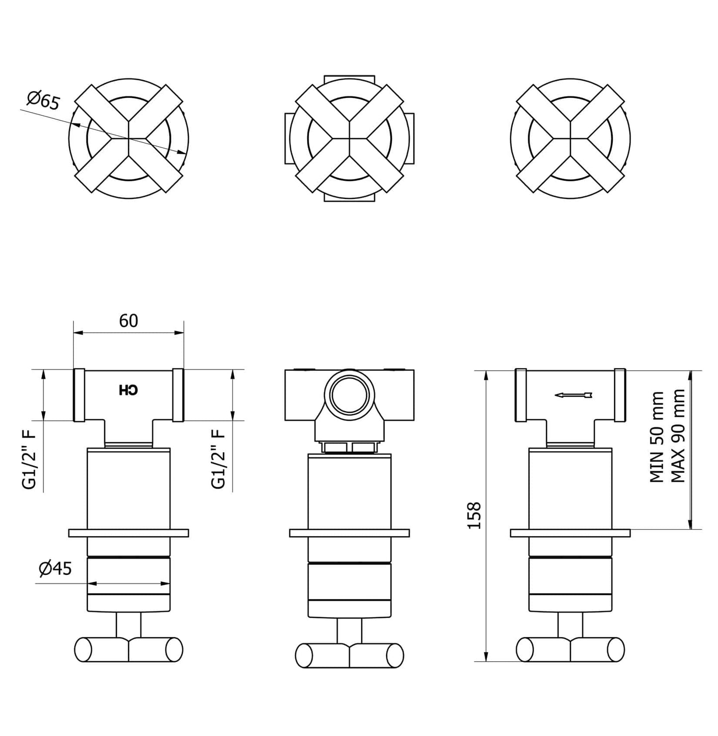IB Rubinetti WOW Miscelatore Doccia Incasso A Parete 3 Fori 2 Vie Miscelatore Meccanico 2 Leve Senza Piastra Stile Moderno Materiale Ottone Finitura Cromata