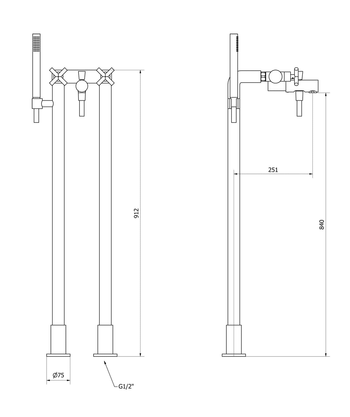 IB Rubinetti WOW Miscelatore Bordo Vasca A Pavimento Con Doccetta 2 Fori 2 Leve Senza Piastra Stile Moderno Materiale Ottone Finitura Cromata