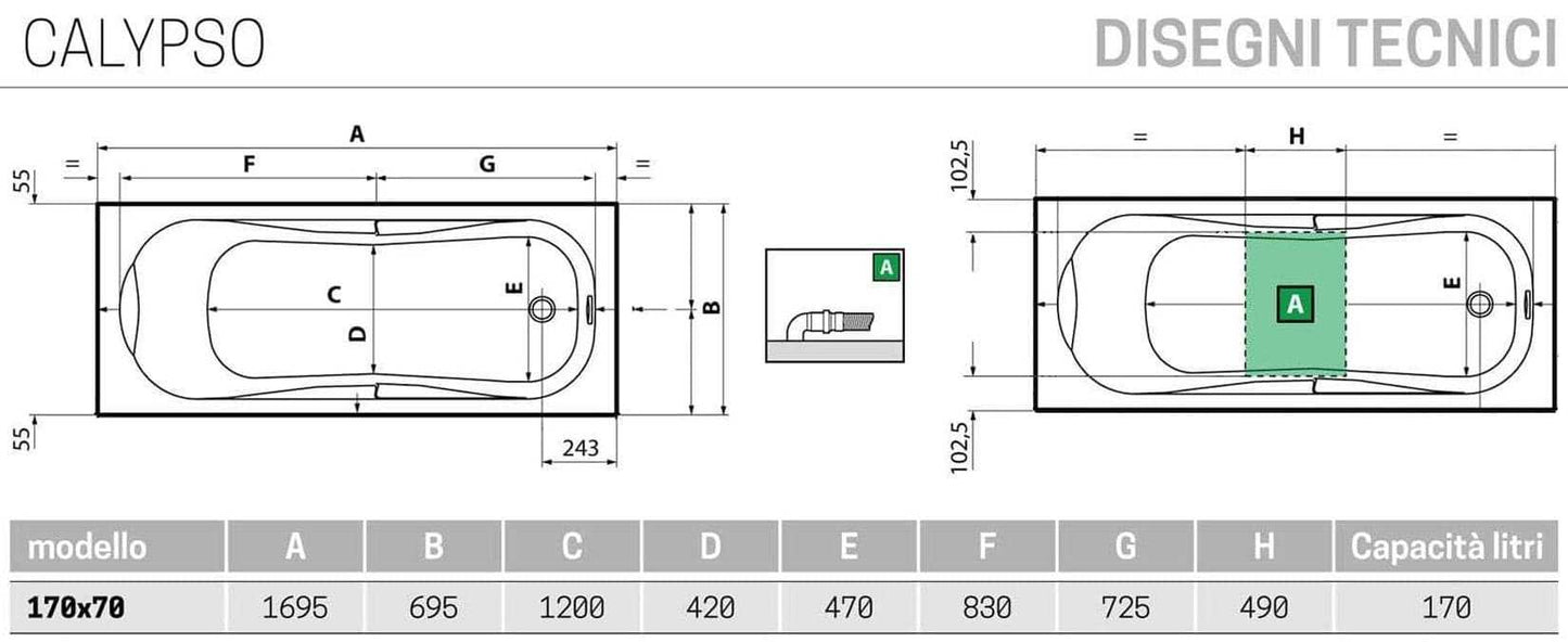 Novellini Calypso Vasca da Bagno Versione Standard da Incasso Misura 170x70 Guscio Tradizionale da Rivestire Materiale Acrilico Finitura Bianco Lucido Installazione Reversibile Destra Sinistra Nicchia Forma Esterna Rettangolare Interna ad Otto