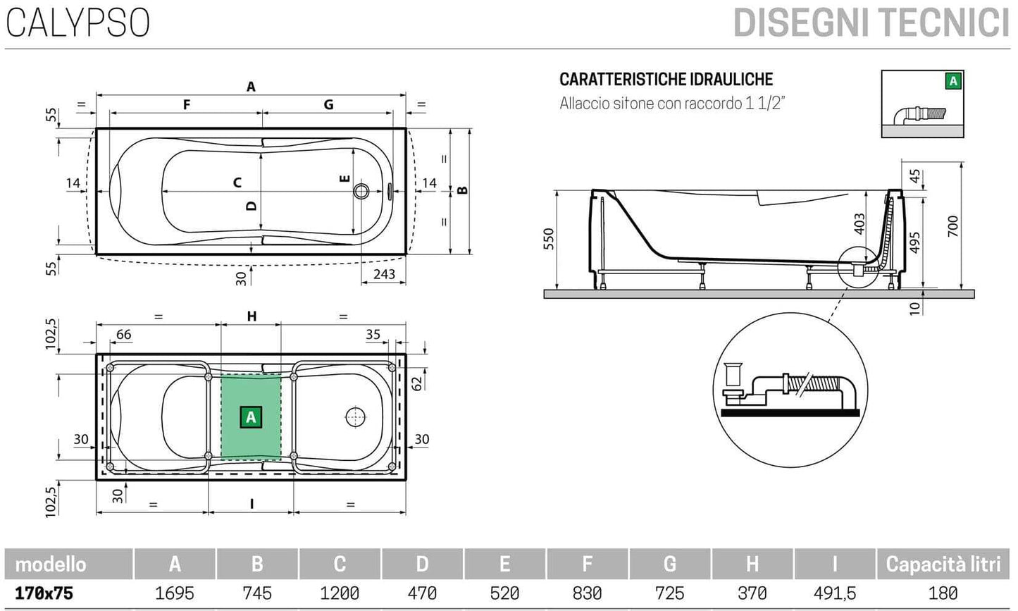 Novellini Calypso Vasca da Bagno Versione Standard con Telaio Misura 170x75 Altezza 55 cm Installazione Reversibile Forma Esterna Rettangolare Interna ad Otto 1 Pannello Frontale 1 Laterale Materiale Acrilico Colore Bianco Lucido Colonna Poggiatesta