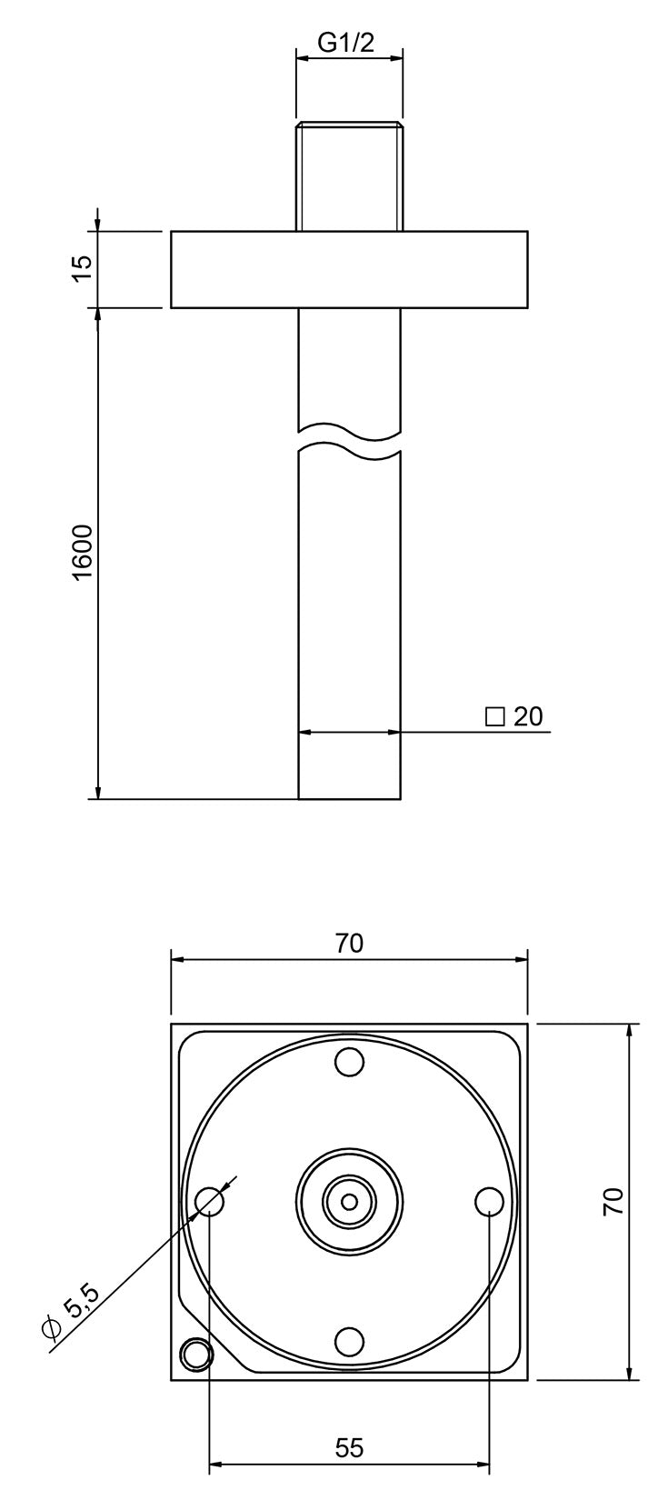 Rubinetterie Treemme 3M 5MM IT 6577 IS ZZ ZZ Bocca a Soffitto Con Rosone Getto Erogazione Uscita Acqua Materiale Acciaio Finitura Inox Spazzolato Opaco Forma Quadra Stile Moderno Monoforo Lunghezza 1600 mm Portata Acqua 5 Litri Al Minuto
