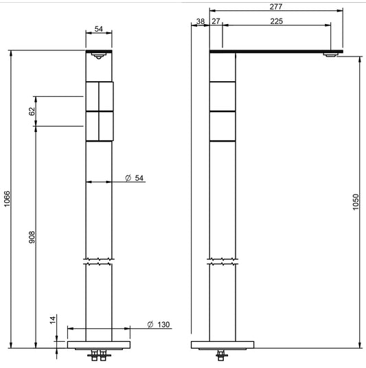 Rubinetterie Treemme 3M 5mm RWIT 2582 IS 50 + RWIT 4A62 ZZ 50 Miscelatore Monoforo Lavabo Da Terra 1066 mm Con Areatore Orientabile Senza Piletta Di Scarico 2 Leve Stile Moderno Acciaio INOX Spazzolato Parte Interna Incasso Esterna Incluse