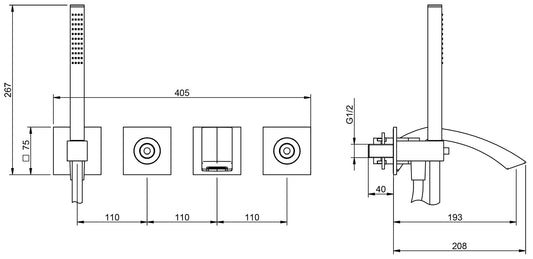 Rubinetterie Treemme Arché Miscelatore Monocomando Vasca / Doccia Incasso Installazione a Muro 4 Fori Materiale Ottone Finitura Cromata Con Doccetta Estraibile Stile Moderno Con Piastra