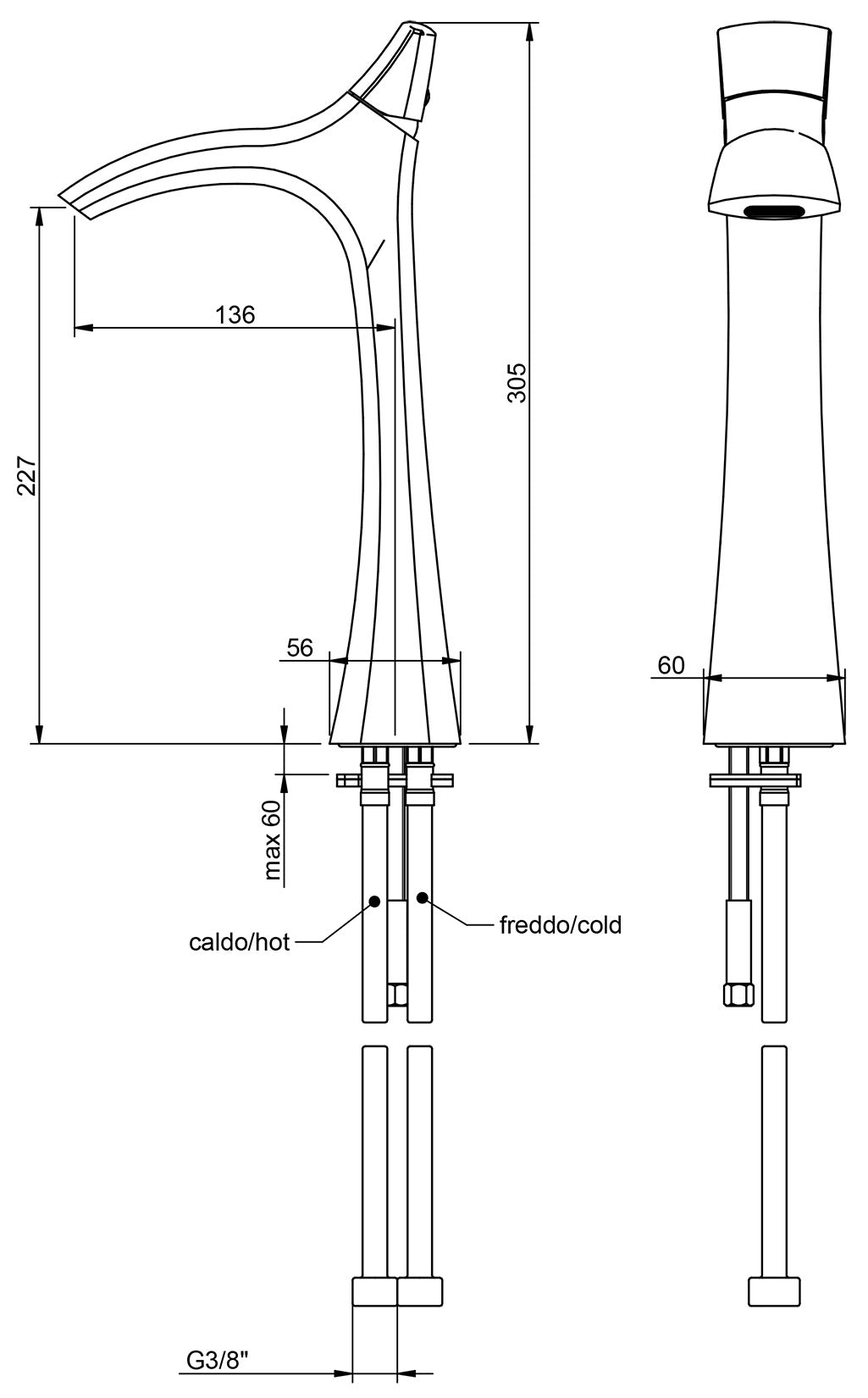 Miscelatore Monocomando Lavabo 222 mm Rubinetterie Treemme Hedo' Materiale Ottone Finitura Cromata