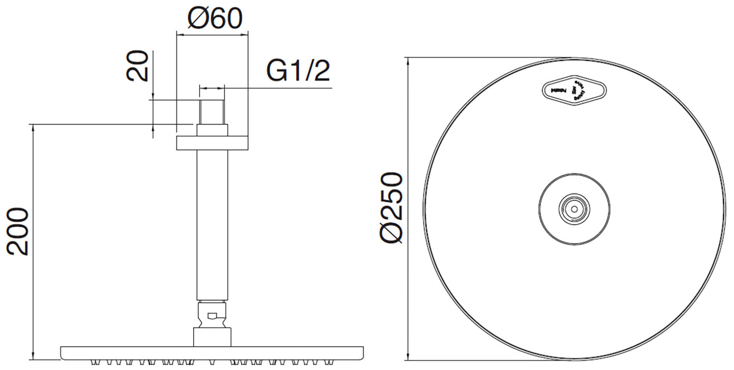 Rubinetterie Treemme Line Soffione Doccia A Soffitto Tondo In Metallo Diametro 250 mm Anticalcare Con Braccio Doccia 200 mm Materiale Ottone Finitura Cromata