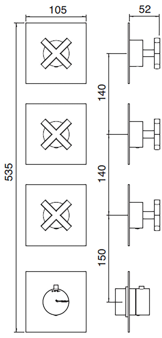 Rubinetterie Treemme Line Miscelatore Doccia 3 Uscite Termostatico Incasso A Muro Senza Piastra 4 Fori Monocomando 1 Leva Parte Interna e Esterna Incluse Stile Moderno Materiale Ottone Finitura Cromata