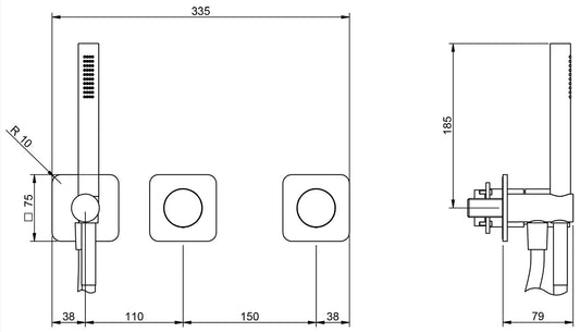 Rubinetterie Treemme Nanotech Miscelatore Vasca / Doccia Meccanico Incasso A Muro Parte Interna Esterna Inclusa 3 Fori Senza Piastra Materiale Ottone Finitura Cromata Monocomando 2 Leve Manopole Stile Moderno Doccetta Metallo Flessibile PVC
