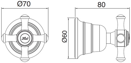 Rubinetterie Treemme 3M OLD ITALY RWIT 4440 CC 05 + RWIT 4440 ZZ 72 Rubinetto D'Arresto 1/2" - HOT Materiale Ottone Finitura Cromata