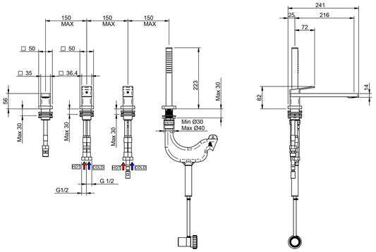 Rubinetterie Treemme 3M Pa36 IT 8B68 CC QF ZZ Miscelatore Batteria Bordo Vasca Appoggio 4 Fori Meccanico Con Doccetta Estraibile Metallo Flessibile PVC Senza Piastra Ottone Cromata 2 Leve Manopole Stile Moderno