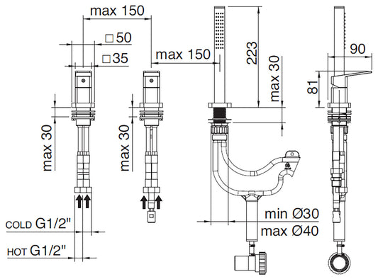 Rubinetterie Treemme 3M Pa36 IT 8B69 CC QF ZZ Miscelatore Batteria Bordo Vasca Appoggio 3 Fori Meccanico Con Doccetta Estraibile Metallo Flessibile PVC Senza Bocca 2 Leve Manopole Stile Moderno Ottone Cromata