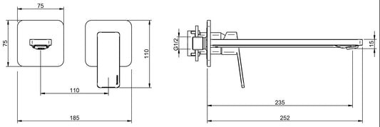Rubinetterie Treemme 3M PA36 RWIT 8BC6 CC 01 + RWIT 51A5 ZZ 01 Miscelatore Lavabo 235 mm Monocomando Incasso a Parete Senza Piastra Staffa Cartongesso 1 Leva a Destra 2 Fori Stile Moderno Lunghezza 252 mm Ottone Cromato Parte Interna Esterna Incluse