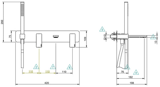 Rubinetterie Treemme 3M PA36 RWIT 8BD7 CC 01 + RWIT 51D7 ZZ 12 Miscelatore Vasca / Doccia Incasso Muro Monocomando Meccanico Parte Interna Esterna Inclusa 4 Fori Piastra Staffa Cartongesso Ottone Cromo 2 Leve Stile Moderno Doccetta Metallo Flessibile PVC
