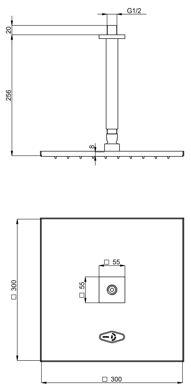 Rubinetterie Treemme Q30 Soffione Doccia A Soffitto Quadro In Metallo 300x300 mm Anticalcare Con Braccio Doccia 256 mm Materiale Ottone Finitura Cromata