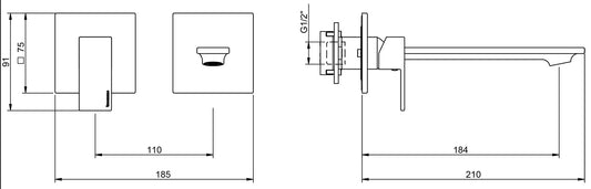 Rubinetterie Treemme Q30 Rubinetto Lavabo 190 Incasso Muro Senza Piastra Monocomando 1 Leva Parte Interna Esterna 2 Fori Materiale Ottone Finitura Cromato Stile Moderno Lunghezza 210 mm