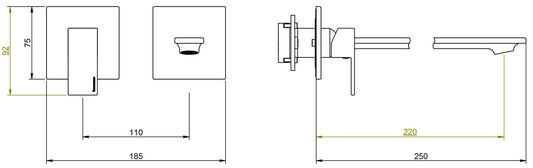 Rubinetterie Treemme Q30 Rubinetto Lavabo 220 Incasso Muro Senza Piastra Monocomando 1 Leva Parte Interna Esterna 2 Fori Materiale Ottone Finitura Cromato Stile Moderno Lunghezza 250 mm