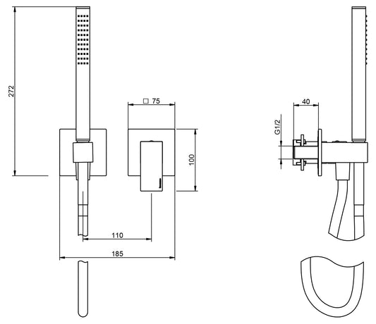 Rubinetterie Treemme Q30 Miscelatore Doccia Meccanico Incasso A Muro Doccetta Metallo Flessibile PVC Parte Interna Esterna Inclusa 2 Fori Senza Piastra Materiale Ottone Finitura Cromata Monocomando 1 Leva Manopoa Stile Moderno