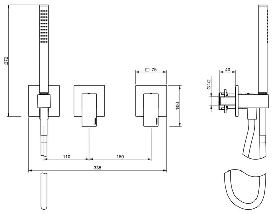 Rubinetterie Treemme Q30 Miscelatore Vasca / Doccia Meccanico Incasso A Muro Parte Interna Esterna Inclusa 3 Fori Senza Piastra Materiale Ottone Finitura Cromata Monocomando 2 Leve Manopole Stile Moderno Doccetta Metallo Flessibile PVC