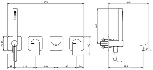 Rubinetterie Treemme Ran Miscelatore Vasca / Doccia Meccanico Incasso A Muro Parte Interna Esterna Inclusa Senza Piastra Materiale Ottone Finitura Cromata 4 Fori Monocomando 2 Leve Stile Moderno Doccetta Metallo Flessibile PVC