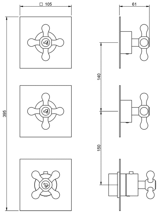 Rubinetterie Treemme 3M Romantica RWIT 7274 CC 57 + RWIT 7274 ZZ 40 Miscelatore Doccia 2 Uscite Termostatico Incasso Muro Parte Interna Esterna Incluse Materiale Ottone Finitura Cromata 3 Fori Monocomando 1 Leva Forma Croce Stile Classico Senza Piastra