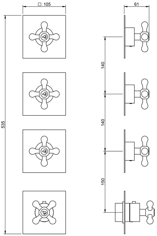 Rubinetterie Treemme 3M Romantica RWIT 7275 CC 57 + RWIT 7275 ZZ 40 Miscelatore Doccia 3 Uscite Termostatico Incasso Muro Parte Interna Esterna Incluse Materiale Ottone Finitura Cromata 4 Fori Monocomando 1 Leva Forma Croce Stile Classico Senza Piastra
