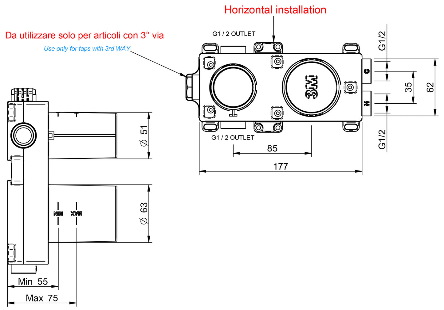 Rubinetterie Treemme 3M Showers & Thermostatics RWIT 6BF3 CC 01 + RWIT 22A2 ZZ 01 Miscelatore Monocomando Doccia Incasso Muro Deviatore 3 Uscite Meccanico Due Fori 1 Leva Posizione Orizzontale Staffa Cartongesso Ottone Cromo Parte Interna Esterna Incluse