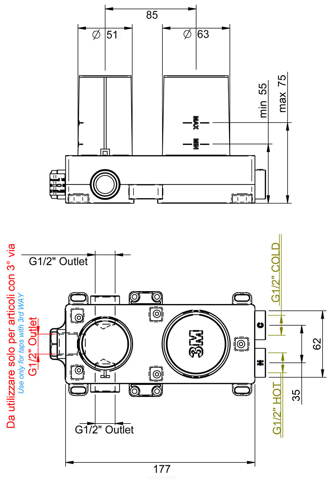 Rubinetterie Treemme 3M Ios RWIT 2AE3 CC 02 + RWIT 22A2 ZZ 01 Miscelatore Monocomando Doccia Incasso Muro Meccanico Deviatore 3 Uscite Con Piastra Orizzontale Due Fori 1 Manopola Materiale Ottone Finitura Cromata Parte Interna Esterna Incluse