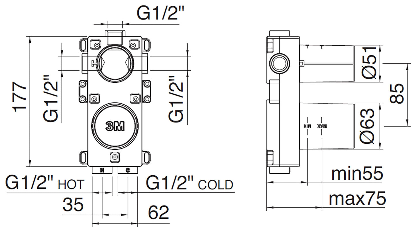 Rubinetterie Treemme 3M WaterTube RWIT 4AA2 IS 01 + RWIT 22A2 ZZ 01 Miscelatore Monocomando Doccia Incasso Muro Meccanico Deviatore 2 Vie Due Fori 1 Manopola Piastra Verticale Staffa Cartongesso Acciaio Inox Spazzolato Opaco Parte Interna Esterna Incluse