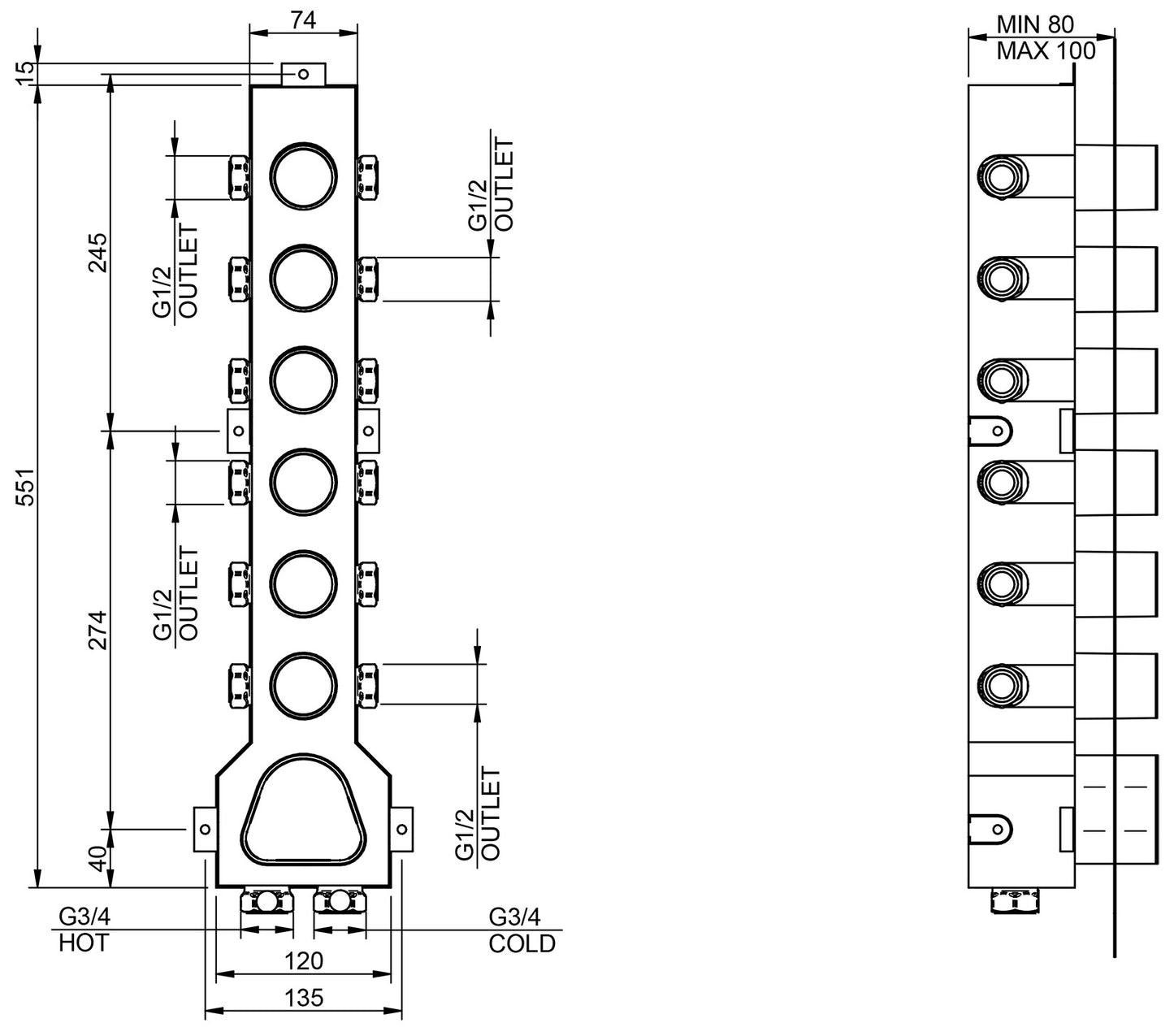 Rubinetterie Treemme 3M 5MM RWIT 2564 IS 35 + RWIT 7264 ZZ 30 Miscelatore Monocomando Termostatico Doccia Incasso A Parete Con Piastra 6 Uscite Sette Fori Una Manopola Stile Moderno Acciaio Inox Parte Esterna Interna Incluse
