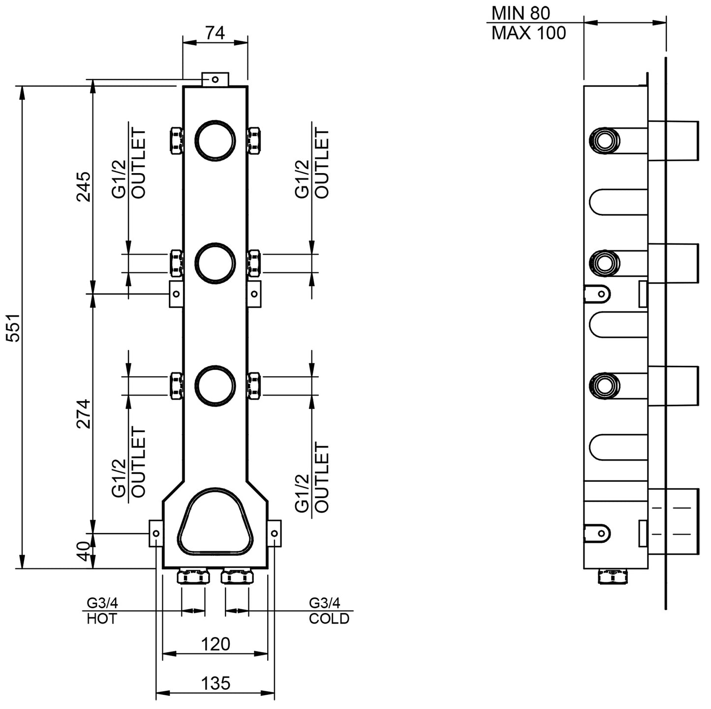 Rubinetterie Treemme 3M 3.6 RWIT 2575 IS 01 + RWIT 7275 ZZ 40 Miscelatore Termostatico Doccia Incasso Parete 3 Uscite 4 Fori Senza Piastra Doppio Orientamento Stile Moderno Acciaio Inox Spazzolato Opaco Parte Interna Esterna Incluse