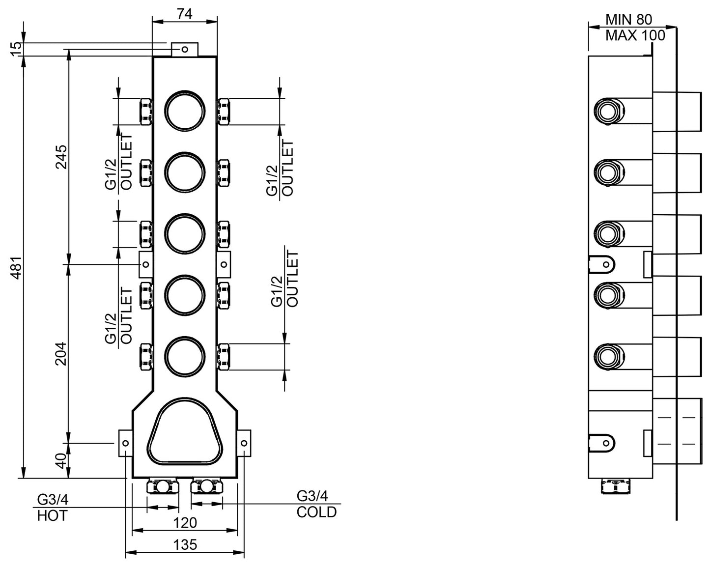Rubinetterie Treemme Up+ Miscelatore Doccia 5 Uscite Termostatico Incasso A Muro Parte Interna e Esterna Incluse Materiale Ottone Finitura Cromata 6 Fori Monocomando 1 Leva Stile Moderno Con Piastra