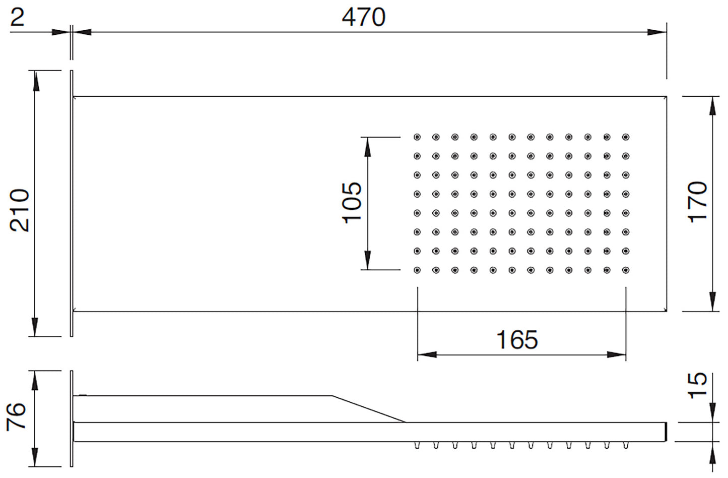 Rubinetterie Treemme Showers & Thermostatics Soffione Doccia A Parete a Mensola Rettangolare Lunghezza 470 mm Larghezza 170 mm Getto a Pioggia Stile Moderno Materiale Acciaio Inox Finitura Cromato