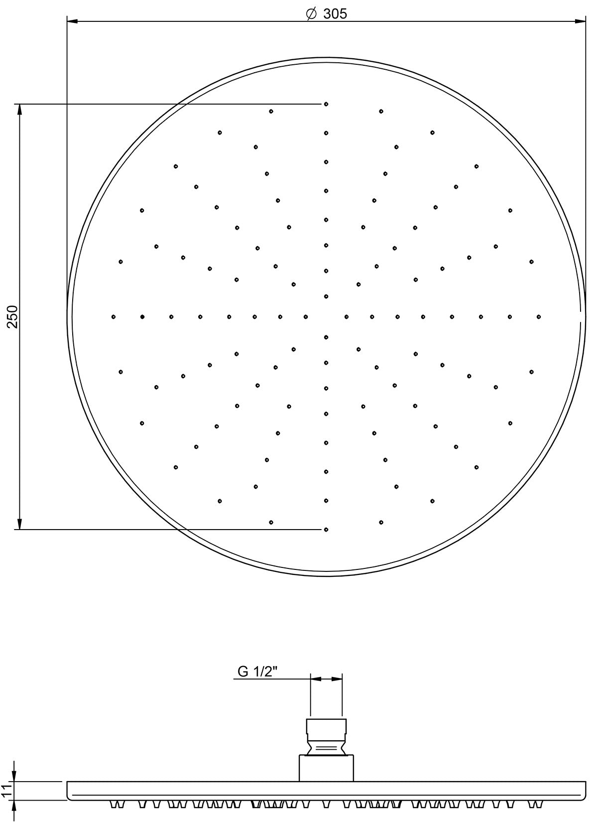 Rubinetterie Treemme SHOWERS & THERMOSTATICS Soffione Doccia Misura Diametro Ø 305 mm Forma Rotonda Funzione Acqua Pioggia Materiale Metallo Finitura Cromata Portata 9 Litri Al Minuto Valvola Di Sicurezza