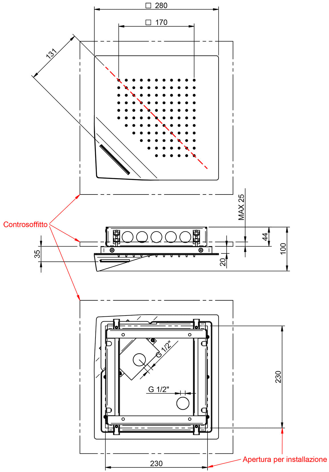 Rubinetterie Treemme SHOWERS & THERMOSTATICS Soffione Doccia Per Controsoffitto A Soffitto Misura 280x280 mm Forma Quadra Funzione Acqua Pioggia Cascata Materiale Acciaio Inox Finitura Cromata