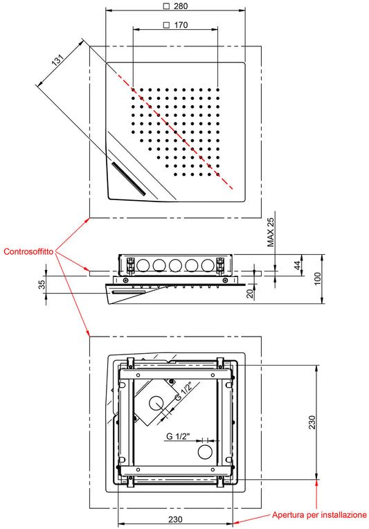 Rubinetterie Treemme SHOWERS & THERMOSTATICS Soffione Doccia Per Controsoffitto A Soffitto Misura 280x280 mm Forma Quadra Funzione Acqua Pioggia Cascata Materiale Acciaio Inox Finitura Cromata