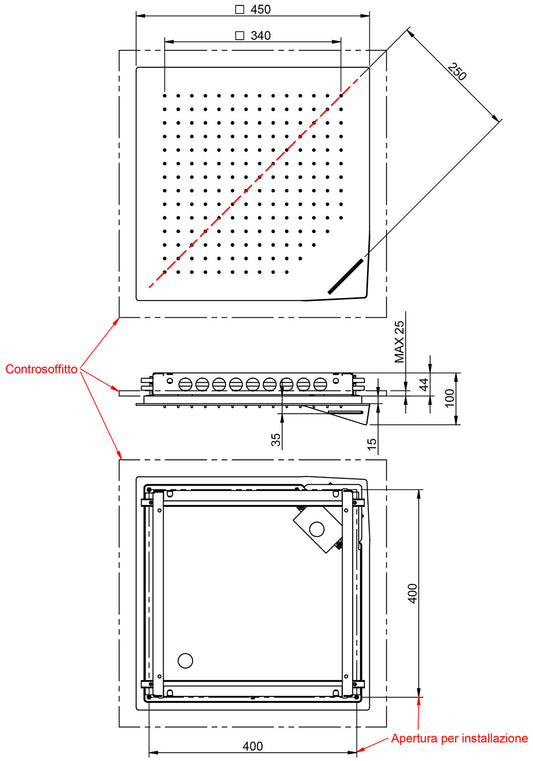Rubinetterie Treemme SHOWERS & THERMOSTATICS Soffione Doccia Per Controsoffitto A Soffitto Misura 450x450 mm Forma Quadra Funzione Acqua Pioggia Materiale Acciaio Inox Finitura Cromata