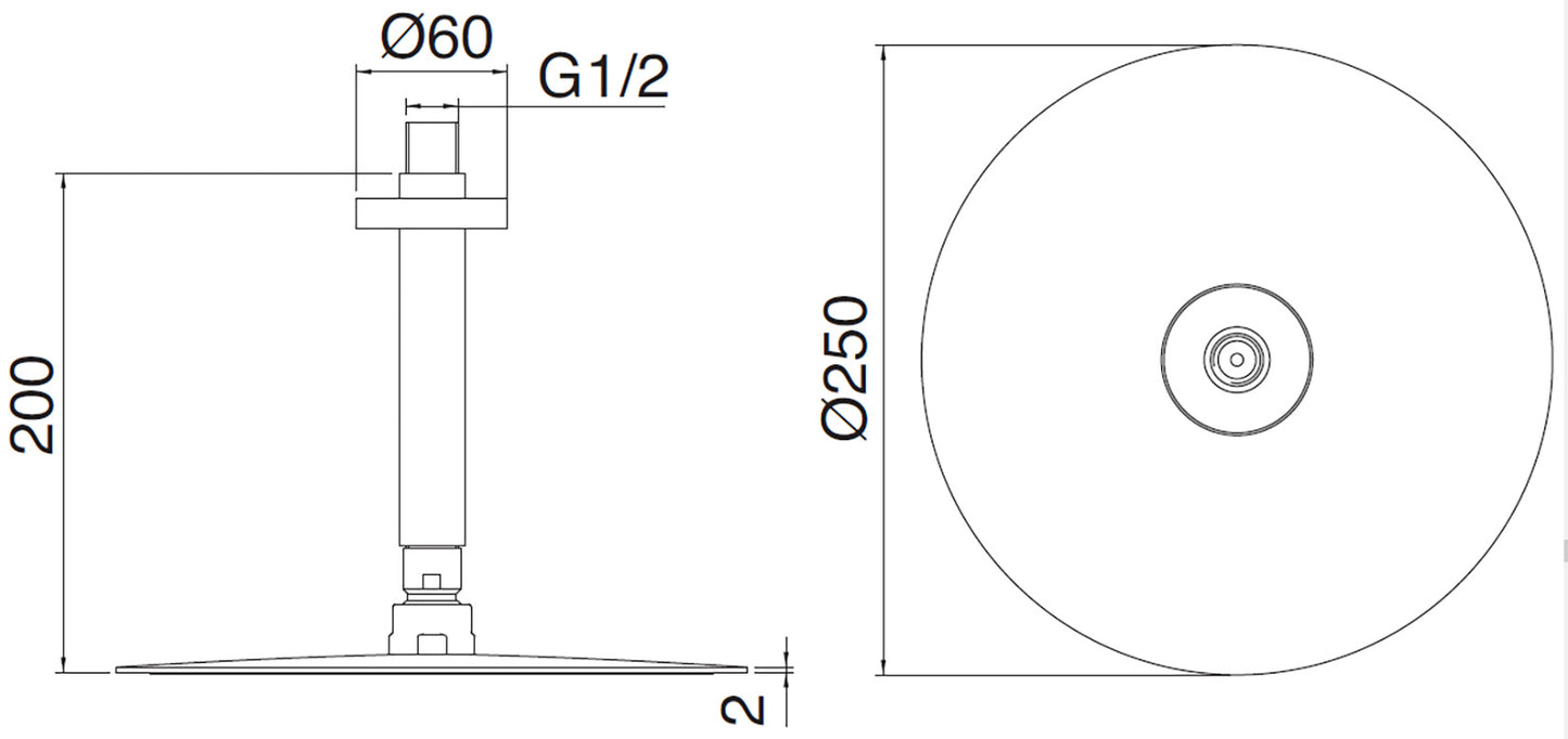 Rubinetterie Treemme Showers & Thermostatics Soffione Doccia A Soffitto Rotondo In Metallo Diametro Ø 250 mm Anticalcare Con Braccio Doccia 200 mm Materiale Ottone Finitura Cromata Portata Acqua 9 Litri Al Minuto Funziona a Bassa Pressione